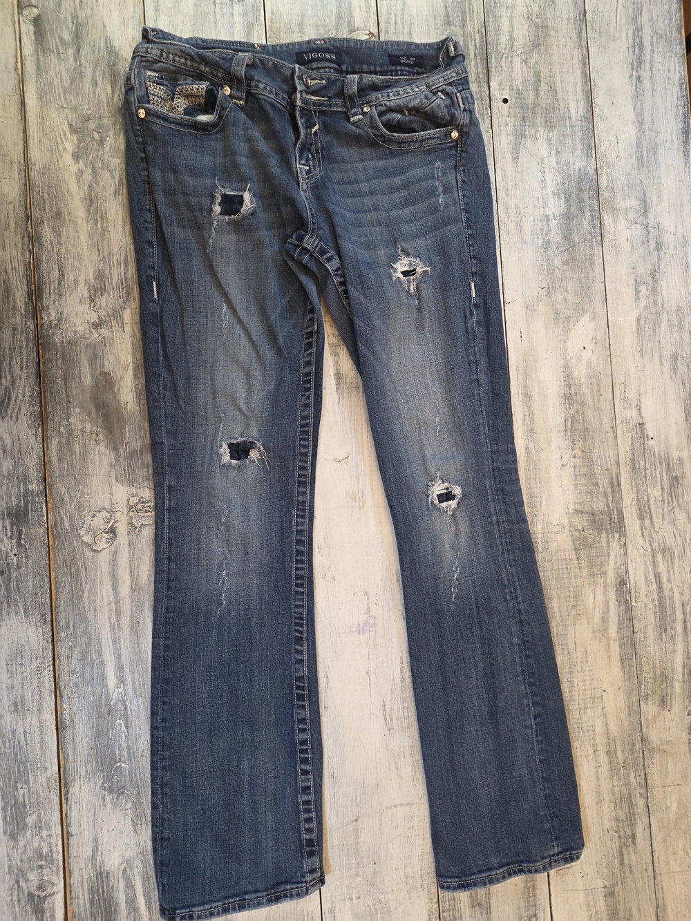 Vigoss The Chelsea Women's Slim Bootcut Distressed Embroidered Blue Jeans sz 10